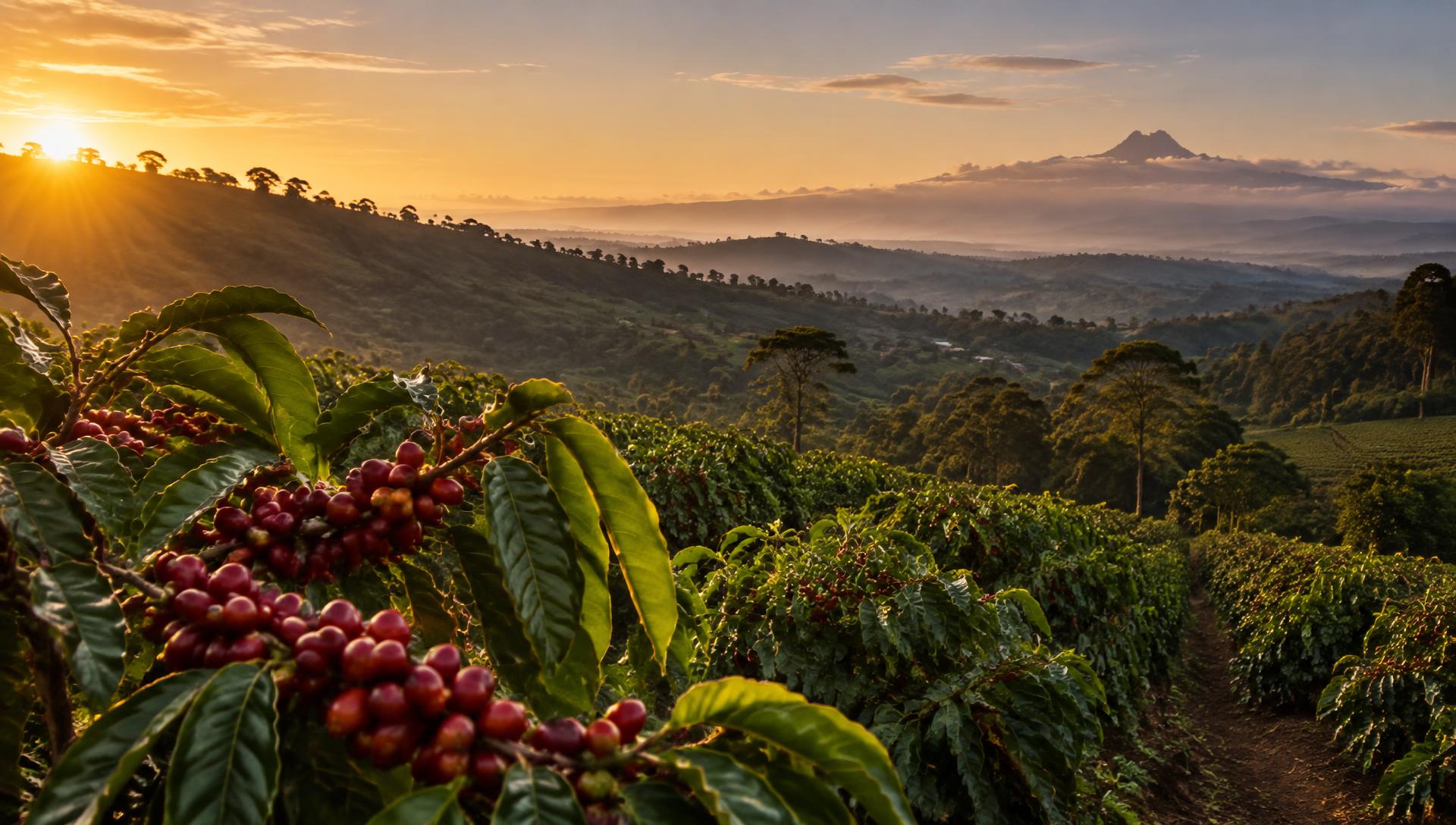 Kenyan highland coffee farm at sunrise